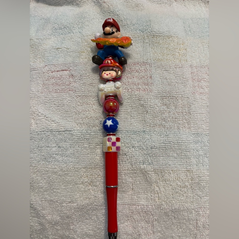 Red Novelty Pen with  Mario brothers Figurines with beads ! NWT